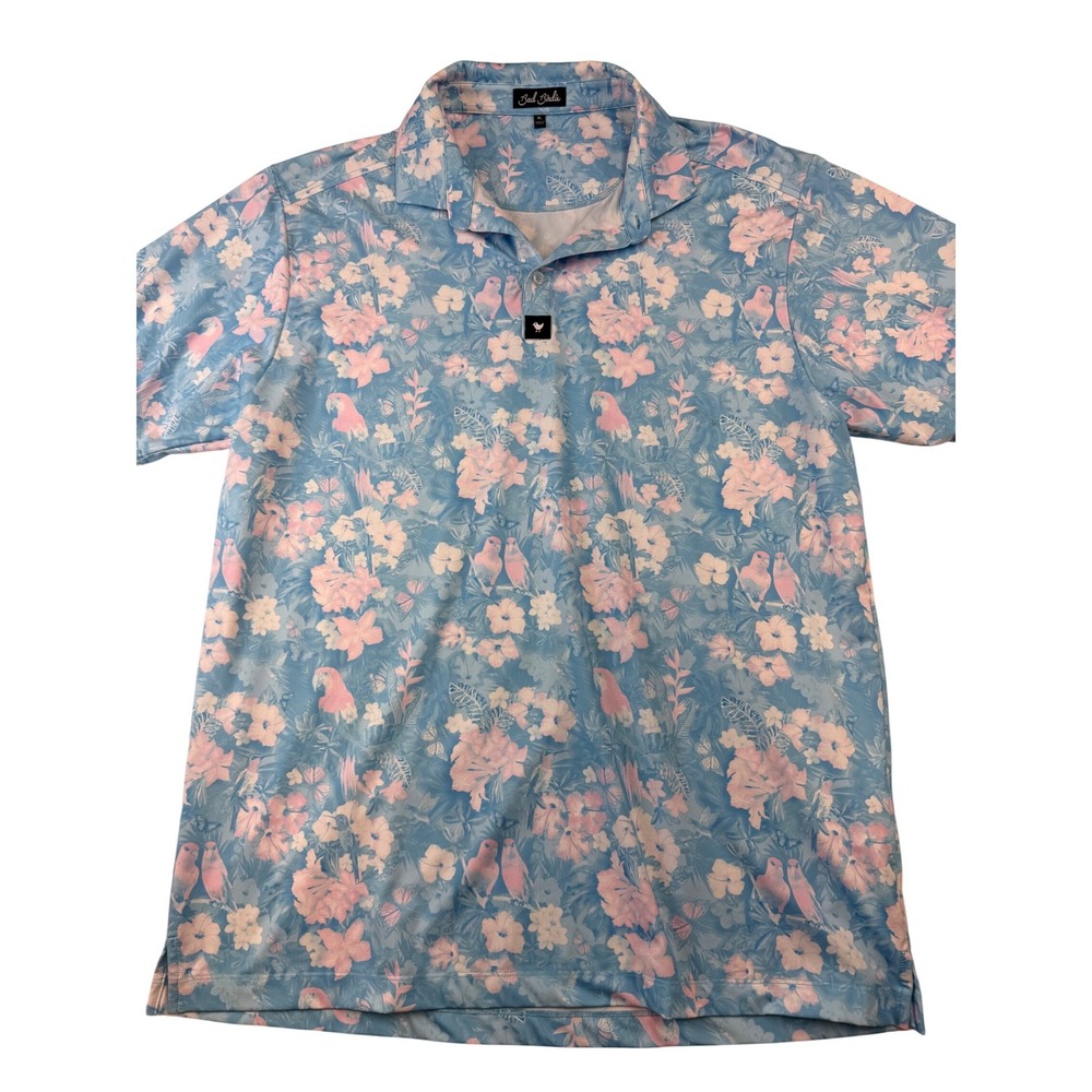 Bad Birdie Mens Blue Pink Floral Parrot Golf Polo Shirt Size XLarge Quick Dry